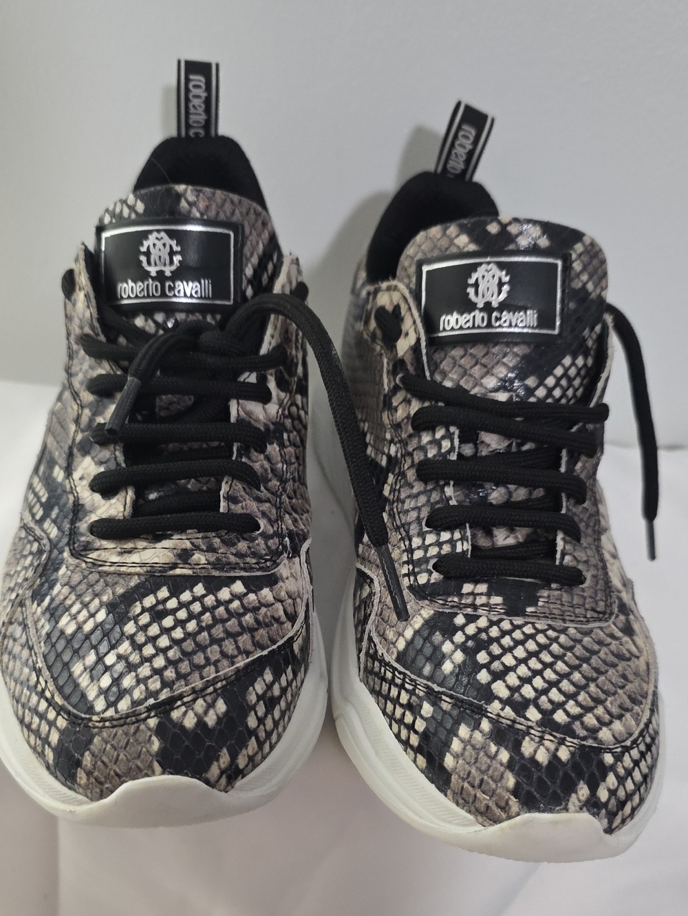 Roberto Cavalli Black and Beige Snake-Print Sneakers